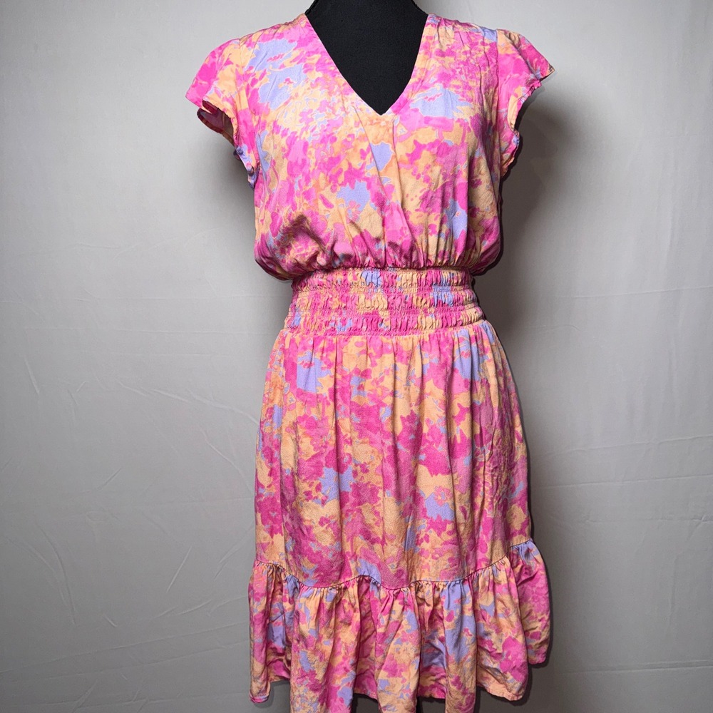 Rails Jasmine Pink Floral Abstract Smocked Waist V-Neck Mini Dress XS